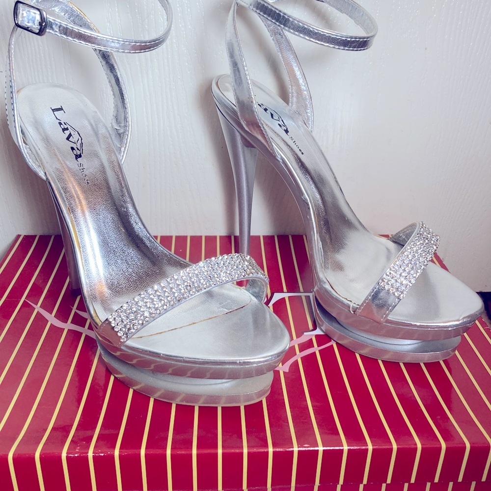Silver platform high heels.
